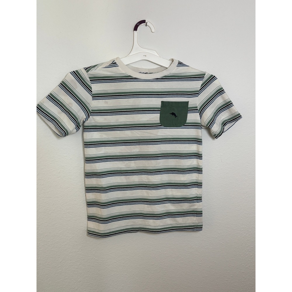 Tommy Bahama Boys Striped Pocket T-Shirt Green Navy White Size M 7-8